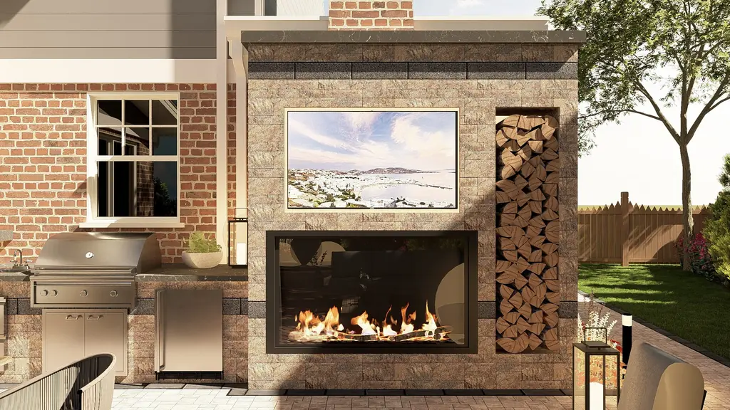 3D design rendering of an outdoor kitchen with a fireplace