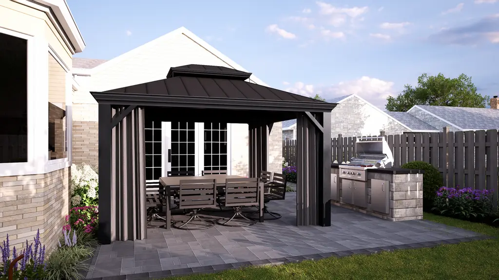 3D design rendering of a covered outdoor dining area beside a patio