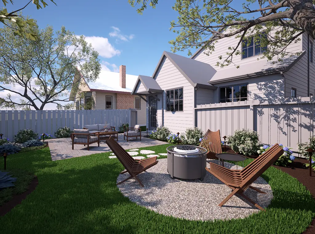 3D design rendering of a backyard fire pit area with lounge chairs