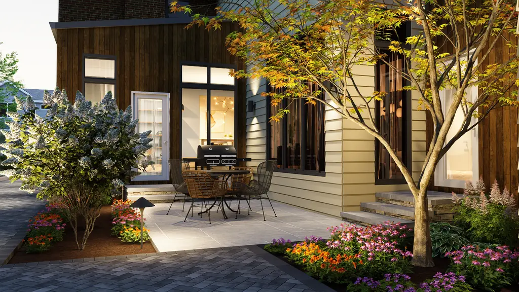 3D design rendering of a patio and garden with landscape lighting at dusk