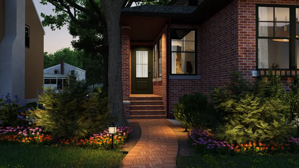 3D design rendering of a front entry walkway with landscape lighting at dusk