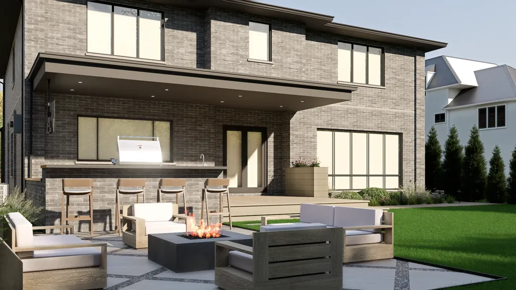 3D design rendering of an outdoor kitchen with a built-in grill and bar seating under a covered patio