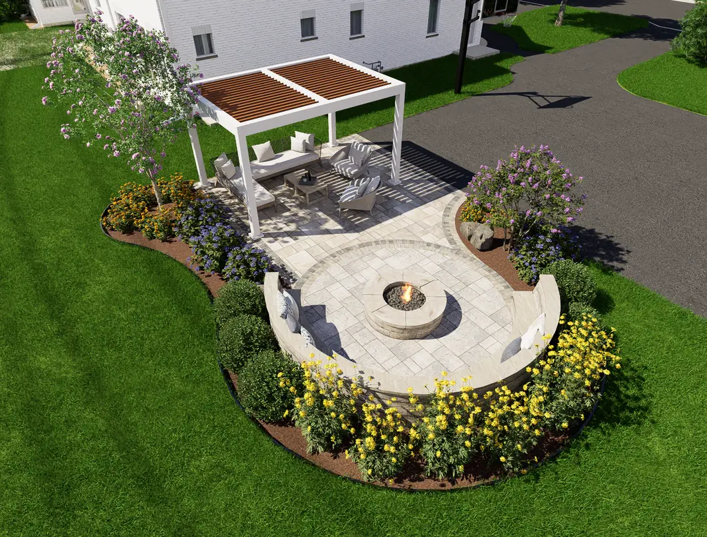 3D design rendering of a pergola over a paver patio and fire pit