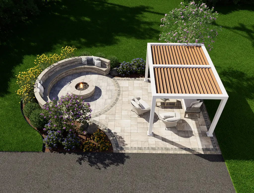 3D design rendering of a modern pergola beside a round patio and fire pit