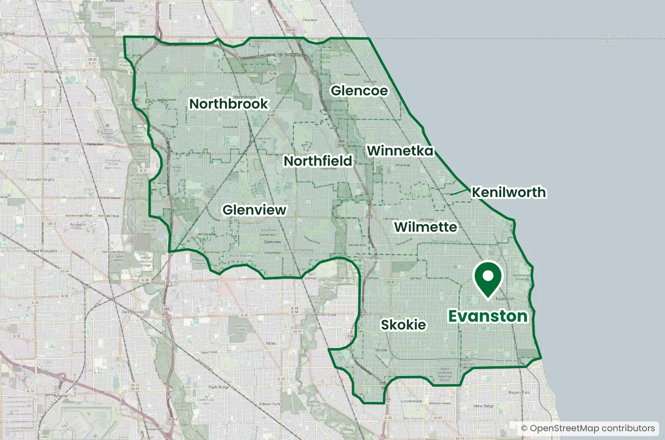 Map of Evanston Landscaping's service area on the North Shore: Evanston, Skokie, Wilmette, Kenilworth, Winnetka, Glencoe, Northfield, Northbrook and Glenview